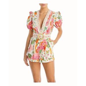 Farm Rio Macaw Bloom Colorful Vneck button front Cotton Ladies Romper NEW XS